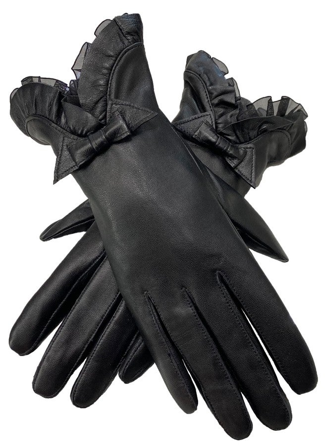 HELIDA Winter Fashion Gloves for Women Genuine Sheepskin Leather Warm Cashmere Lining Lace Bow Design Touchscreen Windproof Driving Gloves - Image 1